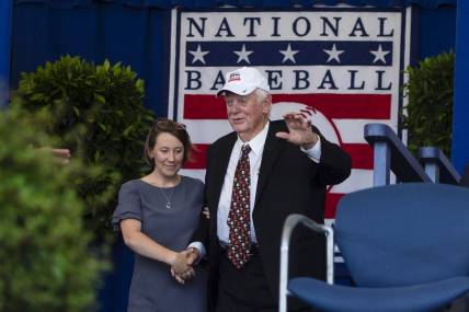 Jul 21, 2019; Cooperstown, NY, USA; Hall of Famer Gaylord Perry is introduced during the 2019 National Baseball Hall of Fame induction ceremony at the Clark Sports Center. Mandatory Credit: Gregory J. Fisher-USA TODAY Sports