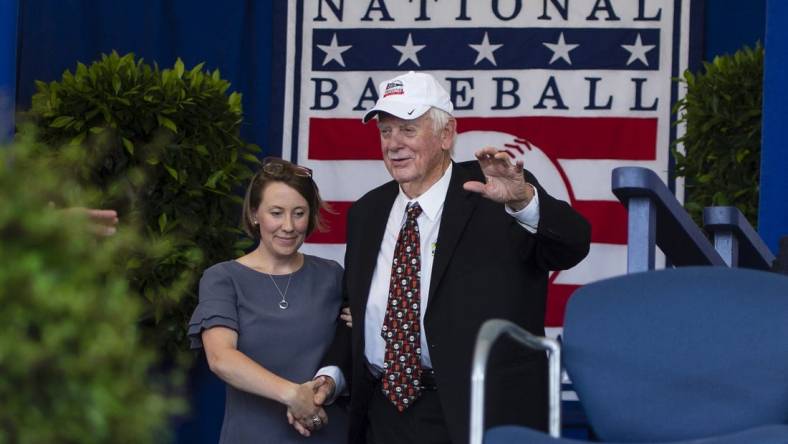 Jul 21, 2019; Cooperstown, NY, USA; Hall of Famer Gaylord Perry is introduced during the 2019 National Baseball Hall of Fame induction ceremony at the Clark Sports Center. Mandatory Credit: Gregory J. Fisher-USA TODAY Sports