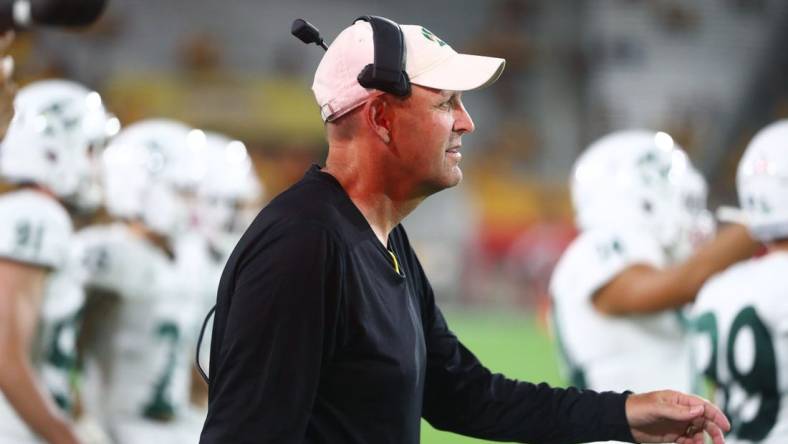 Sep 6, 2019; Tempe, AZ, USA; Sacramento State Hornets head coach Troy Taylor against the Arizona State Sun Devils at Sun Devil Stadium. Mandatory Credit: Mark J. Rebilas-USA TODAY Sports