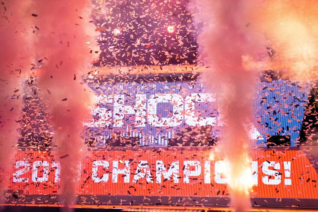 Sep 29, 2019; Philadelphia, PA, USA; The San Francisco Shock celebrate their victory in the 2019 Overwatch League Grand Finals e-sports championship against the Vancouver Titans at Wells Fargo Center. Mandatory Credit: Bill Streicher-USA TODAY Sports