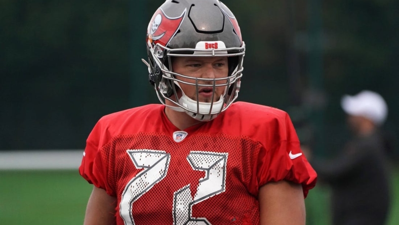 Oct 11, 2019; London, United Kingdom; Tampa Bay Buccaneers offensive tackle Josh Wells (72) during practice at the Blackheath Rugby Club. Mandatory Credit: Kirby Lee-USA TODAY Sports