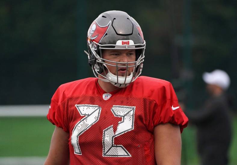 Oct 11, 2019; London, United Kingdom; Tampa Bay Buccaneers offensive tackle Josh Wells (72) during practice at the Blackheath Rugby Club. Mandatory Credit: Kirby Lee-USA TODAY Sports
