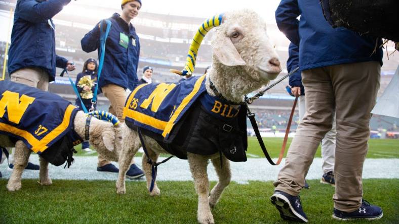 Dec 14, 2019; Philadelphia, PA, USA; Navy mascot on the field during pregame ceremonies before the Army Navy game between the Army Black Knights and the Navy Midshipmen at Lincoln Financial Field. Mandatory Credit: Bill Streicher-USA TODAY Sports