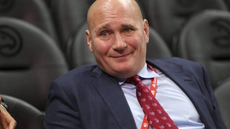 Dec 27, 2019; Atlanta, Georgia, USA; Atlanta Hawks general manager Travis Schlenk before a game against the Milwaukee Bucks at State Farm Arena. Mandatory Credit: Brett Davis-USA TODAY Sports