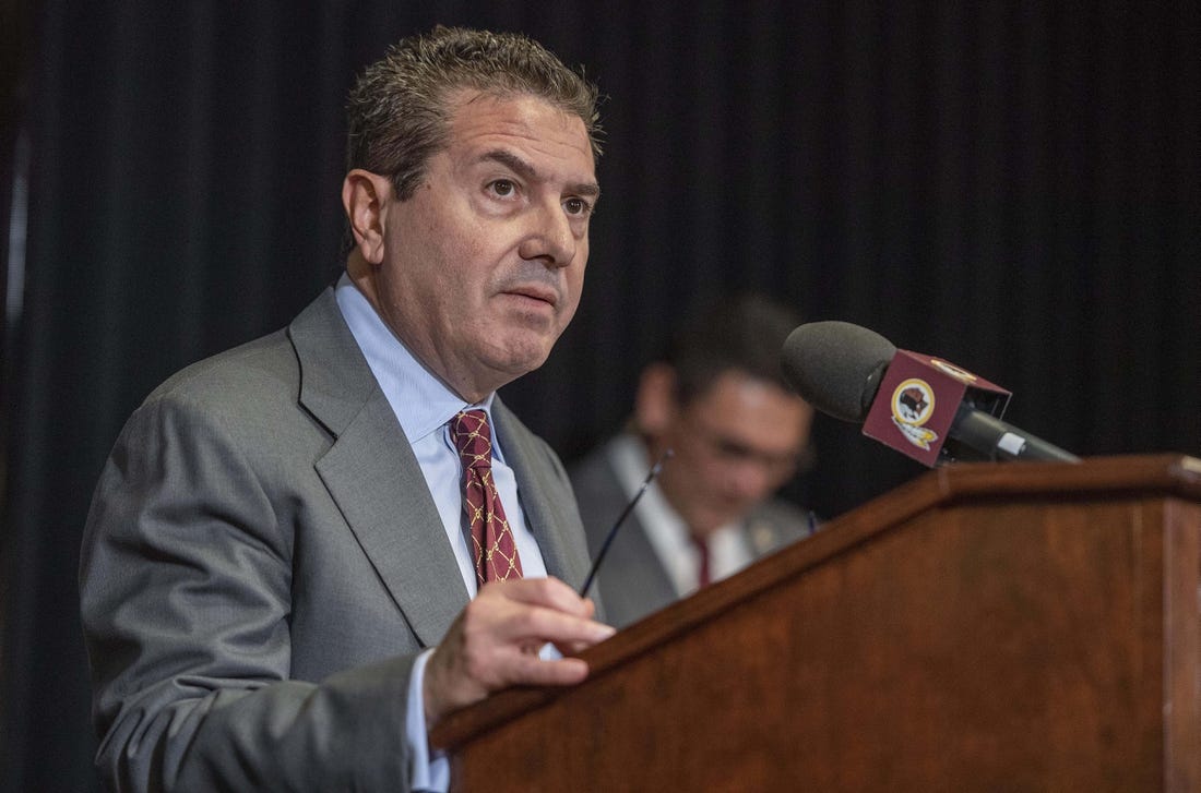 Jan 2, 2020; Ashburn, VA, USA; Washington Commanders owner Daniel Snyder speaks during the introductory press conference for head coach Ron Rivera at Inova Sports Performance Center. Mandatory Credit: Brad Mills-USA TODAY Sports