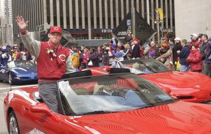 March 31, 2003: Former Reds pitcher and parade grand marshal Tom Browning waves to the crowd as the Findlay Market Opening Day Parade rolls down Fifth Street before the Reds Opening game.

No Title