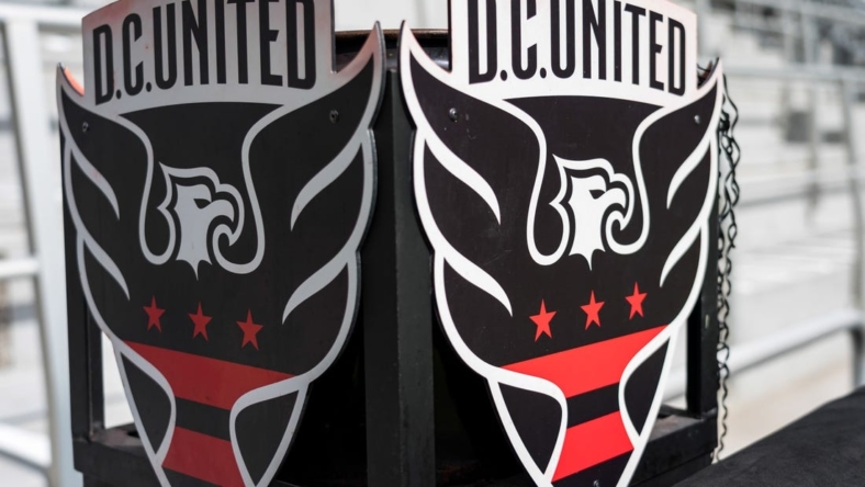 Feb 29, 2020; Washington, D.C., USA; A detailed view of D.C. United logos on the sideline before the game between the D.C. United and the Colorado Rapids at Audi Field. Mandatory Credit: Scott Taetsch-USA TODAY Sports