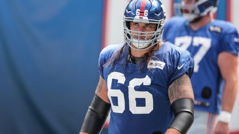 Sep 3, 2020; East Rutherford, New Jersey, USA; New York Giants guard Shane Lemieux (66) during the Blue-White Scrimmage at MetLife Stadium. Mandatory Credit: Vincent Carchietta-USA TODAY Sports
