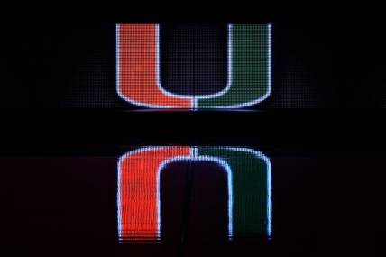 Dec 8, 2020; Coral Gables, Florida, USA; A general view of a reflection of the Miami Hurricanes school logo on the scorers table prior to the game between the Miami Hurricanes and the Purdue Boilermakers at Watsco Center. Mandatory Credit: Jasen Vinlove-USA TODAY Sports