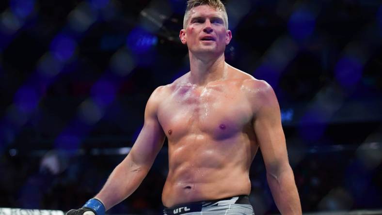 Jul 10, 2021; Las Vegas, Nevada, USA; Stephen Thompson reacts following his match against Gilbert Burns during UFC 264 at T-Mobile Arena. Mandatory Credit: Gary A. Vasquez-USA TODAY Sports