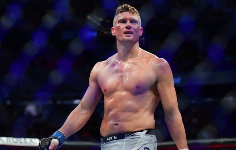 Jul 10, 2021; Las Vegas, Nevada, USA; Stephen Thompson reacts following his match against Gilbert Burns during UFC 264 at T-Mobile Arena. Mandatory Credit: Gary A. Vasquez-USA TODAY Sports
