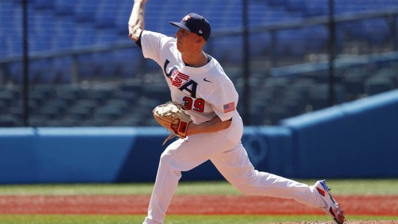 Aug 4, 2021; Yokohama, Japan; USA pitcher Scott McGough throws against Dominican Republic in a baseball contest during the Tokyo 2020 Olympic Summer Games at Yokohama Baseball Stadium. Mandatory Credit: Yukihito Taguchi-USA TODAY Sports