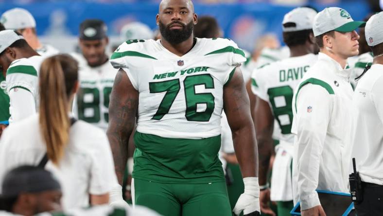 Aug 14, 2021; East Rutherford, New Jersey, USA; New York Jets offensive tackle George Fant (76) during the second half against the New York Giants at MetLife Stadium. Mandatory Credit: Vincent Carchietta-USA TODAY Sports