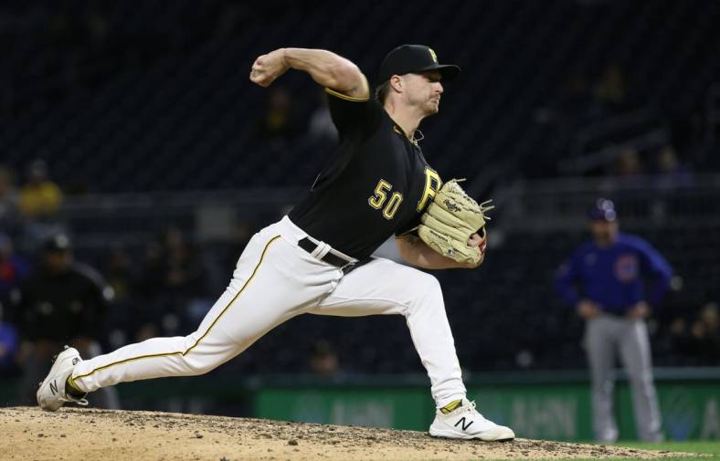 Sep 30, 2021; Pittsburgh, Pennsylvania, USA; Pittsburgh Pirates relief pitcher Shelby Miller (50) pitches against the Chicago Cubs during the ninth inning at PNC Park. The Cubs shutout the Pirates 9-0. Mandatory Credit: Charles LeClaire-USA TODAY Sports