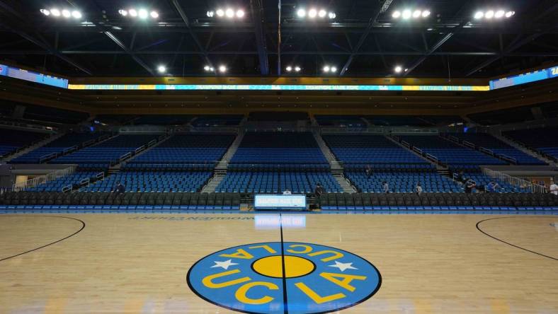 Nov 4, 2021; Los Angeles, CA, USA; A general overall view of the UCLA Bruins logo at Pauley Pavilion.  Mandatory Credit: Kirby Lee-USA TODAY Sports