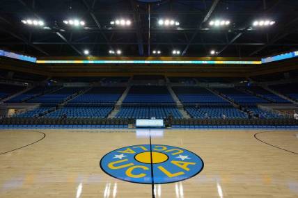 Nov 4, 2021; Los Angeles, CA, USA; A general overall view of the UCLA Bruins logo at Pauley Pavilion.  Mandatory Credit: Kirby Lee-USA TODAY Sports