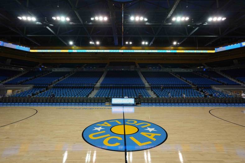 Nov 4, 2021; Los Angeles, CA, USA; A general overall view of the UCLA Bruins logo at Pauley Pavilion.  Mandatory Credit: Kirby Lee-USA TODAY Sports