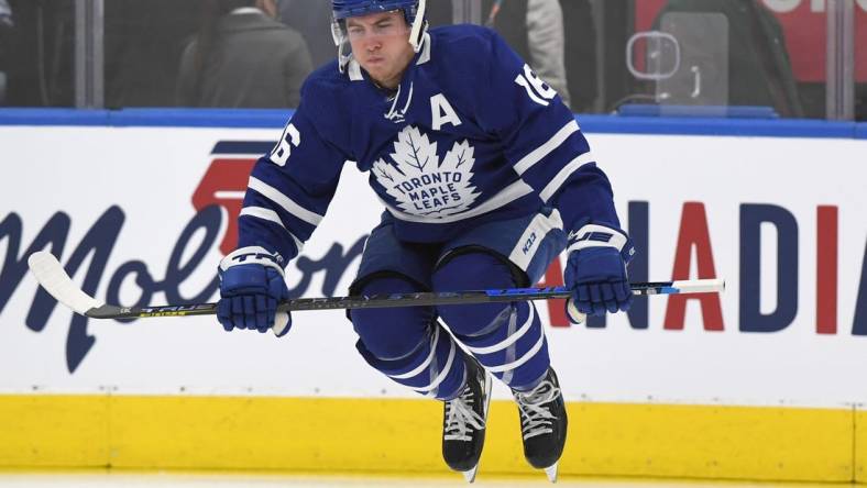 Nov 8, 2021; Toronto, Ontario, CAN;   Toronto Maple Leafs forward Mitch Marner (16) warms up before playing Los Angeles Kings at Scotiabank Arena. Mandatory Credit: Dan Hamilton-USA TODAY Sports