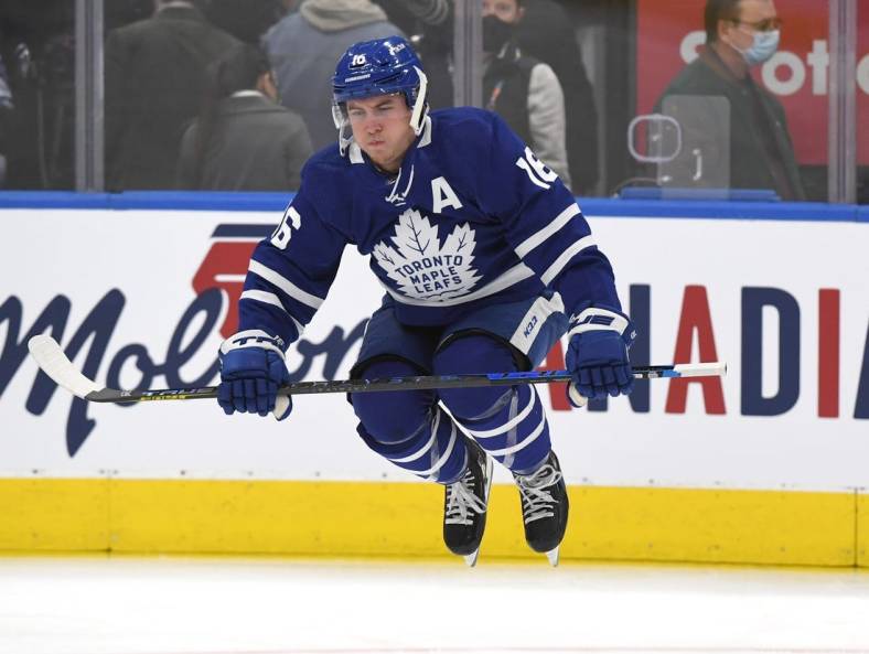 Nov 8, 2021; Toronto, Ontario, CAN;   Toronto Maple Leafs forward Mitch Marner (16) warms up before playing Los Angeles Kings at Scotiabank Arena. Mandatory Credit: Dan Hamilton-USA TODAY Sports