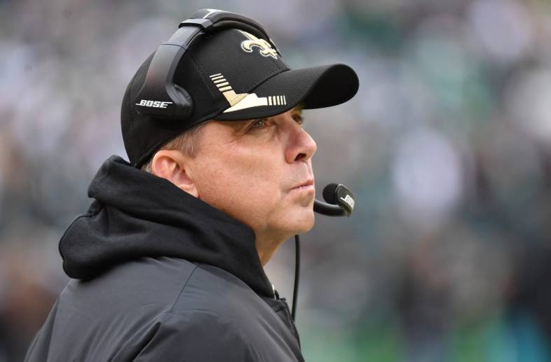 Nov 21, 2021; Philadelphia, Pennsylvania, USA; New Orleans Saints head coach Sean Payton on  the sidelines against the Philadelphia Eagles during the first quarter at Lincoln Financial Field. Mandatory Credit: Eric Hartline-USA TODAY Sports