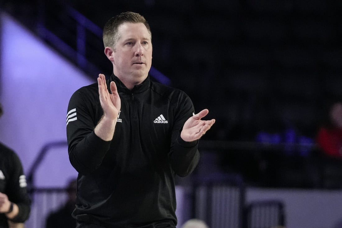 Nov 28, 2021; Athens, Georgia, USA; Wofford Terriers head coach Jay McAuley reacts during the game against the Georgia Bulldogs during the second half at Stegeman Coliseum. Mandatory Credit: Dale Zanine-USA TODAY Sports