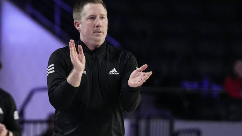 Nov 28, 2021; Athens, Georgia, USA; Wofford Terriers head coach Jay McAuley reacts during the game against the Georgia Bulldogs during the second half at Stegeman Coliseum. Mandatory Credit: Dale Zanine-USA TODAY Sports