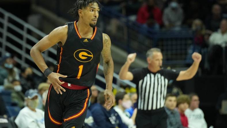 Dec 4, 2021; Storrs, Connecticut, USA; Grambling State Tigers guard Cam Christon (1) reacts after his three point basket against the Connecticut Huskies in the first half at Harry A. Gampel Pavilion. Mandatory Credit: David Butler II-USA TODAY Sports