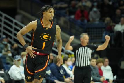 Dec 4, 2021; Storrs, Connecticut, USA; Grambling State Tigers guard Cam Christon (1) reacts after his three point basket against the Connecticut Huskies in the first half at Harry A. Gampel Pavilion. Mandatory Credit: David Butler II-USA TODAY Sports