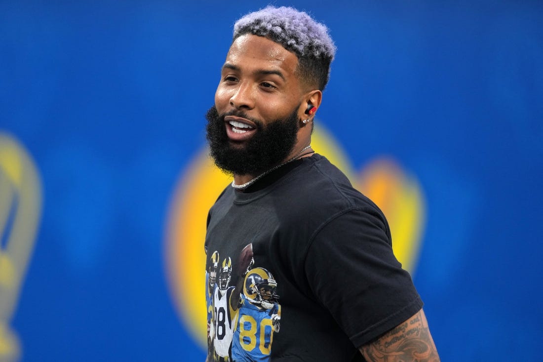 Dec 21, 2021; Inglewood, California, USA; Los Angeles Rams wide receiver Odell Beckham Jr. (3) looks on before the game against the Seattle Seahawks at SoFi Stadium. Mandatory Credit: Kirby Lee-USA TODAY Sports