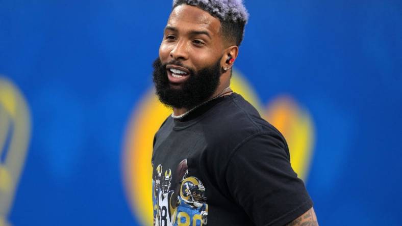 Dec 21, 2021; Inglewood, California, USA; Los Angeles Rams wide receiver Odell Beckham Jr. (3) looks on before the game against the Seattle Seahawks at SoFi Stadium. Mandatory Credit: Kirby Lee-USA TODAY Sports