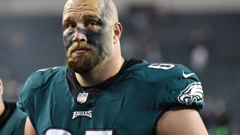 Dec 21, 2021; Philadelphia, Pennsylvania, USA;  Philadelphia Eagles offensive tackle Lane Johnson (65) walks off the field after win against the Washington Football Team at Lincoln Financial Field. Mandatory Credit: Eric Hartline-USA TODAY Sports