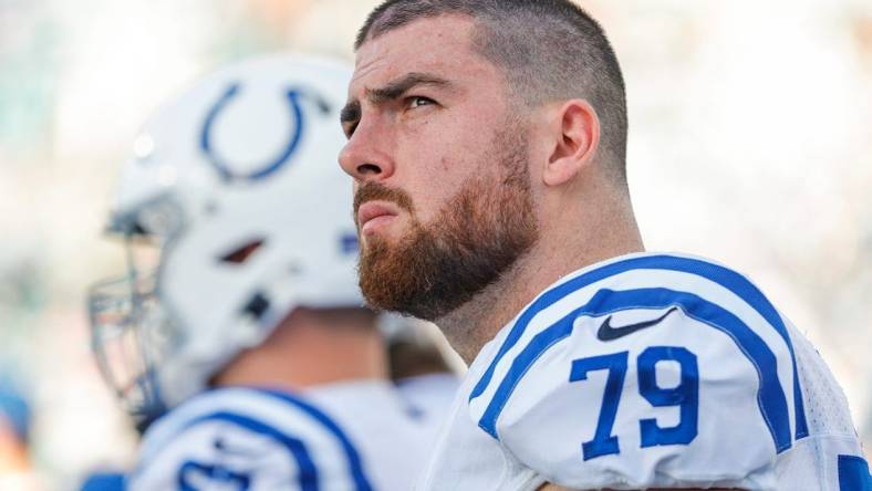 Indianapolis Colts offensive tackle Eric Fisher (79) looks to the scoreboard during the fourth quarter of the game on Sunday, Jan. 9, 2022, at TIAA Bank Field in Jacksonville, Fla. The Colts lost to the Jaguars, 11-26.

The Indianapolis Colts Versus Jacksonville Jaguars On Sunday Jan 9 2022 Tiaa Bank Field In Jacksonville Fla