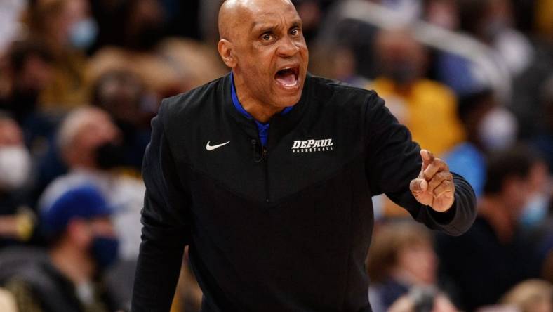 Jan 11, 2022; Milwaukee, Wisconsin, USA;  DePaul Blue Demons head coach Tony Stubblefield calls out during the first half against the Marquette Golden Eagles at Fiserv Forum. Mandatory Credit: Jeff Hanisch-USA TODAY Sports