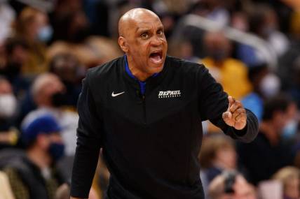 Jan 11, 2022; Milwaukee, Wisconsin, USA;  DePaul Blue Demons head coach Tony Stubblefield calls out during the first half against the Marquette Golden Eagles at Fiserv Forum. Mandatory Credit: Jeff Hanisch-USA TODAY Sports