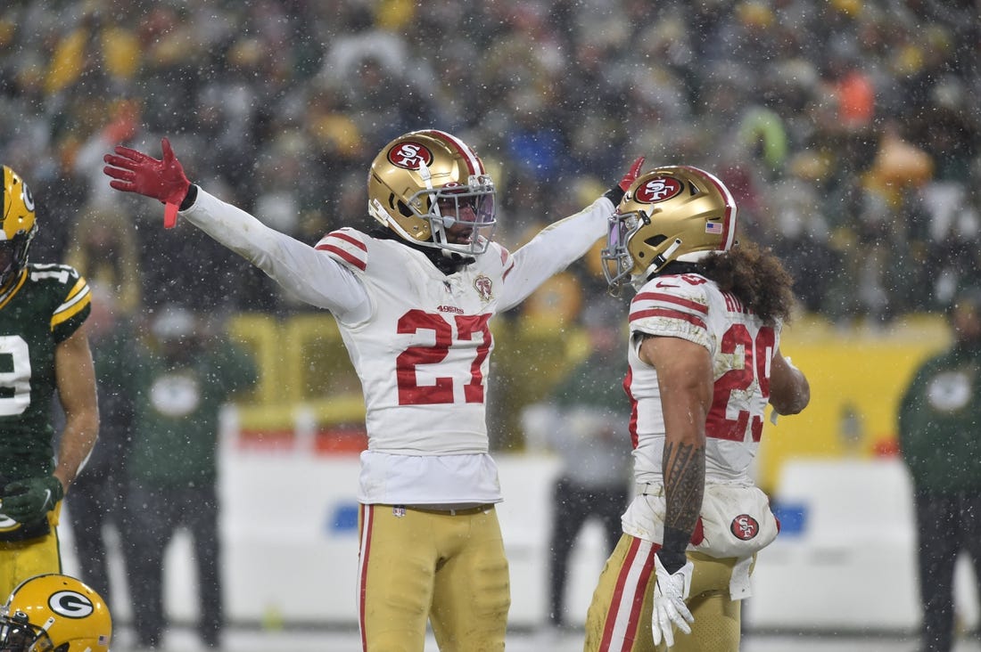 Jan 22, 2022; Green Bay, Wisconsin, USA; San Francisco 49ers defensive back Dontae Johnson (27) reacts to a play during the fourth quarter against the Green Bay Packers during a NFC Divisional playoff football game at Lambeau Field. Mandatory Credit: Jeffrey Becker-USA TODAY Sports