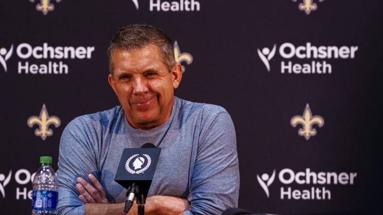 Jan 25, 2022; Metairie, LA, USA;  New Orleans Saints head coach Sean Payton speaks during a press conference at Ochsner Sports Performance Center. Mandatory Credit: Andrew Wevers-USA TODAY Sports