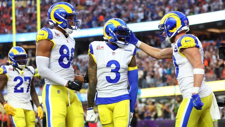 Feb 13, 2022; Inglewood, CA, USA; Los Angeles Rams wide receiver Cooper Kupp (right) celebrates with wide receiver Odell Beckham Jr. (3) after catching a touchdown pass against the Cincinnati Bengals during the second quarter in Super Bowl LVI at SoFi Stadium. Mandatory Credit: Mark J. Rebilas-USA TODAY Sports