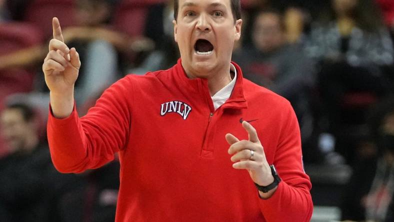 Feb 19, 2022; Las Vegas, Nevada, USA; UNLV Runnin' Rebels head coach Kevin Kruger during the second half against the Colorado State Rams at Thomas & Mack Center. Mandatory Credit: Stephen R. Sylvanie-USA TODAY Sports