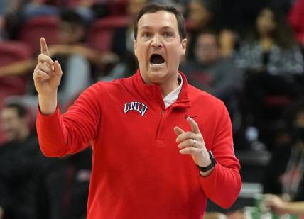 Feb 19, 2022; Las Vegas, Nevada, USA; UNLV Runnin' Rebels head coach Kevin Kruger during the second half against the Colorado State Rams at Thomas & Mack Center. Mandatory Credit: Stephen R. Sylvanie-USA TODAY Sports