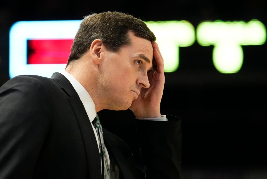 Mar 3, 2022; Phoenix, Arizona, USA; Utah Valley Wolverines head coach Mark Madsen during action against the Grand Canyon Antelopes at GCU Arena. Mandatory Credit: Rob Schumacher-Arizona Republic

Ncaa Basketball Utah Valley At Grand Canyon