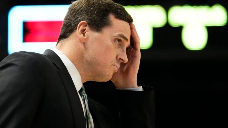 Mar 3, 2022; Phoenix, Arizona, USA; Utah Valley Wolverines head coach Mark Madsen during action against the Grand Canyon Antelopes at GCU Arena. Mandatory Credit: Rob Schumacher-Arizona Republic

Ncaa Basketball Utah Valley At Grand Canyon