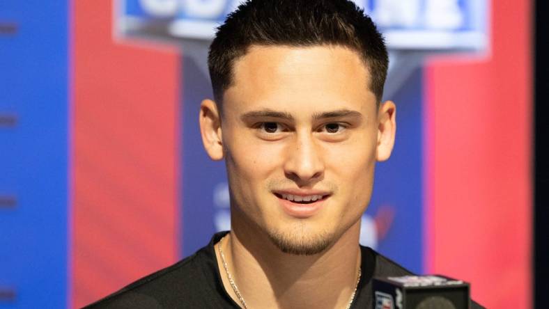 Mar 5, 2022; Indianapolis, IN, USA; San Diego State place kicker Matt Araiza (PK01) talks to the media during the 2022 NFL Scouting Combine at Lucas Oil Stadium. Mandatory Credit: Trevor Ruszkowski-USA TODAY Sports