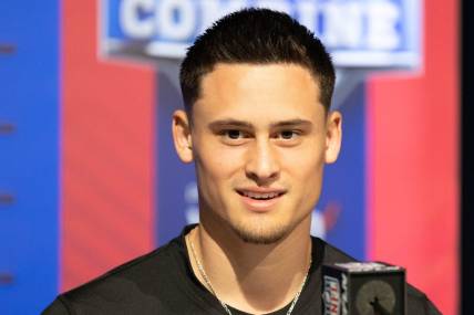 Mar 5, 2022; Indianapolis, IN, USA; San Diego State place kicker Matt Araiza (PK01) talks to the media during the 2022 NFL Scouting Combine at Lucas Oil Stadium. Mandatory Credit: Trevor Ruszkowski-USA TODAY Sports