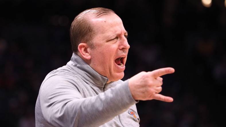 Mar 7, 2022; Sacramento, California, USA; New York Knicks head coach Tom Thibodeau calls out from the sideline during the fourth quarter against the Sacramento Kings at Golden 1 Center. Mandatory Credit: Kelley L Cox-USA TODAY Sports