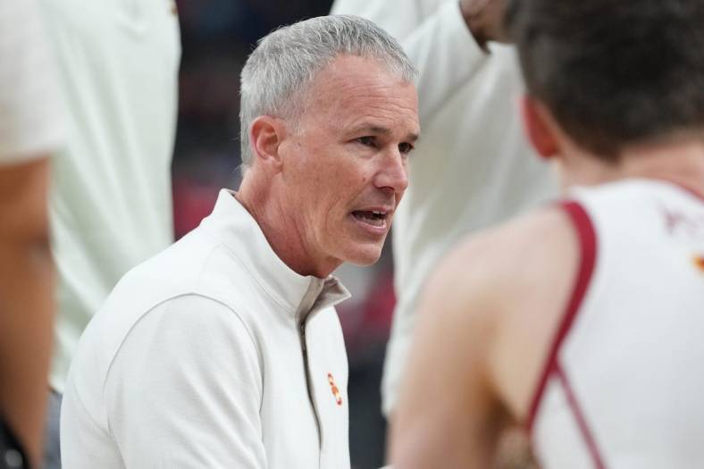 Mar 10, 2022; Las Vegas, NV, USA; USC Trojans head coach Andy Enfield is pictured in a game against the Washington Huskies during the second half at T-Mobile Arena. Mandatory Credit: Stephen R. Sylvanie-USA TODAY Sports