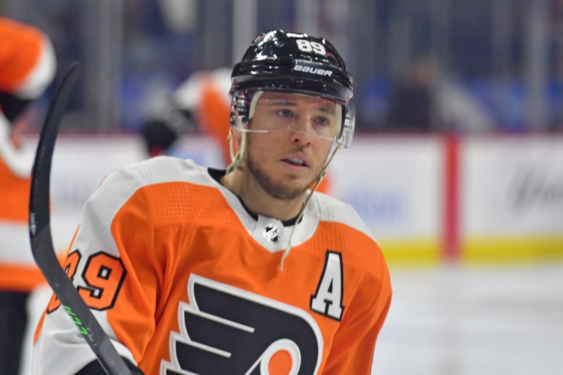 Mar 20, 2022; Philadelphia, Pennsylvania, USA; Philadelphia Flyers right wing Cam Atkinson (89) during warmups against the New York Islanders at Wells Fargo Center. Mandatory Credit: Eric Hartline-USA TODAY Sports