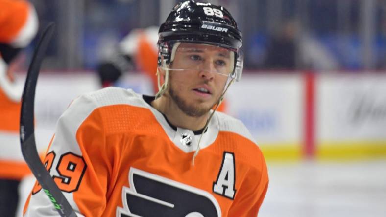 Mar 20, 2022; Philadelphia, Pennsylvania, USA; Philadelphia Flyers right wing Cam Atkinson (89) during warmups against the New York Islanders at Wells Fargo Center. Mandatory Credit: Eric Hartline-USA TODAY Sports