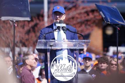 Apr 15, 2022; New York City, New York, USA; New York Mets owner Steve Cohen speaks during the Tom Seaver Statue unveiling ceremony prior to the game against the Arizona Diamondbacks at Citi Field. Mandatory Credit: Gregory Fisher-USA TODAY Sports