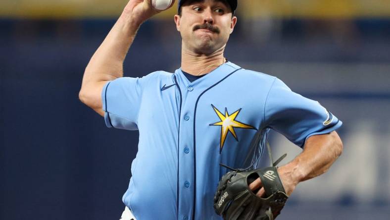 Apr 23, 2022; St. Petersburg, Florida, USA;  Tampa Bay Rays relief pitcher J.P. Feyereisen (34) throws a pitch against the Boston Red Sox in the second inning at Tropicana Field. Mandatory Credit: Nathan Ray Seebeck-USA TODAY Sports