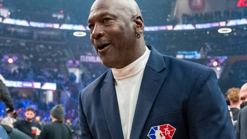 February 20, 2022; Cleveland, Ohio, USA; NBA great Michael Jordan is honored for being selected to the NBA 75th Anniversary Team during halftime in the 2022 NBA All-Star Game at Rocket Mortgage FieldHouse. Mandatory Credit: Kyle Terada-USA TODAY Sports